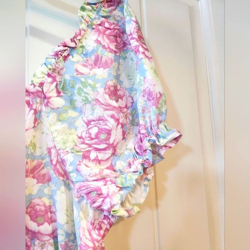 Almost Famous Women's Junior Blouse, Large, Puff Sleeve Pastel Rose Pink Blue - Picture 4 of 16